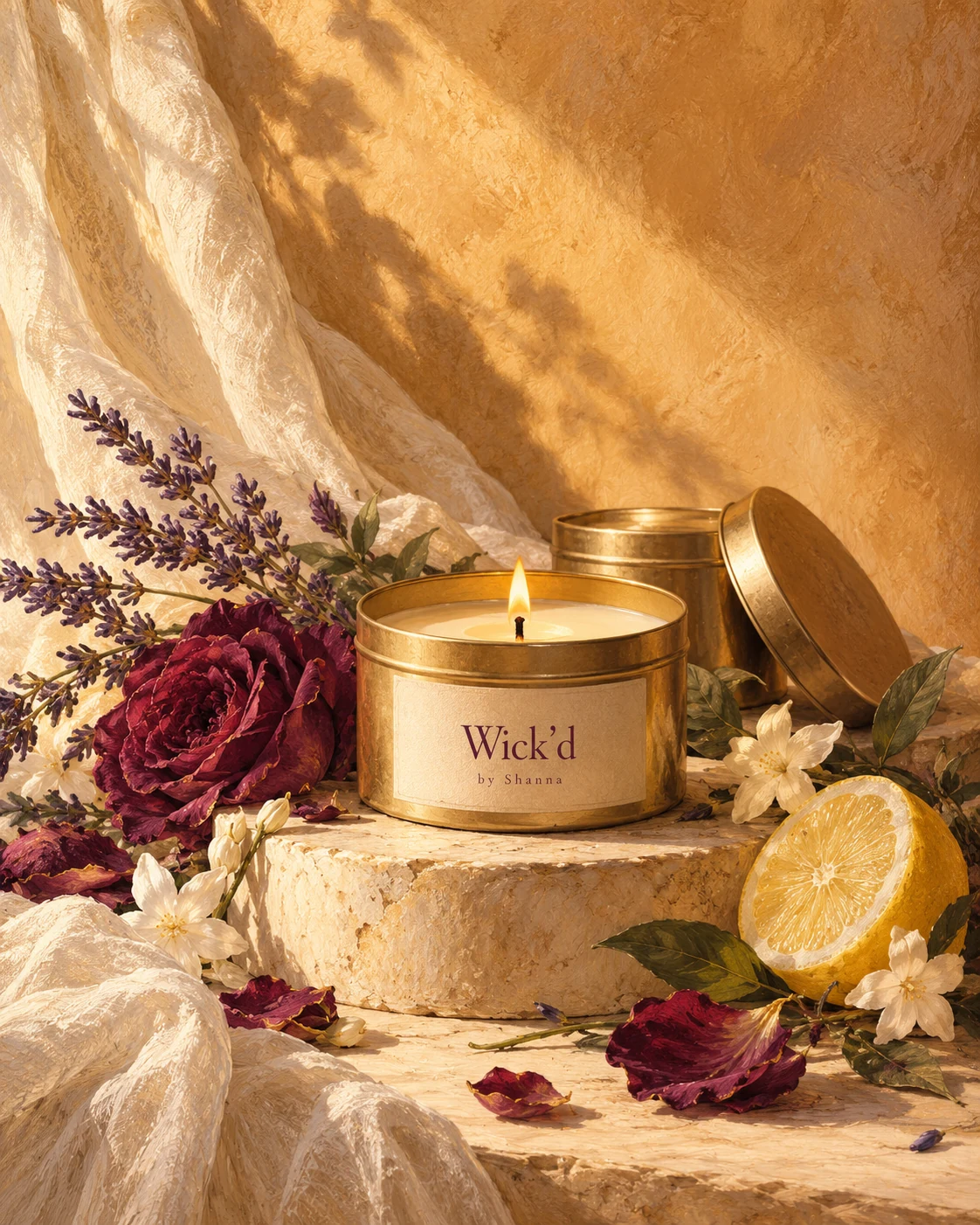 Collection artwork: a glowing gold Wick’d candle tin among jasmine, lavender, rose petals and lemon in warm afternoon light